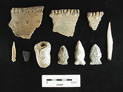 Late Woodland ceramic rims and lithic tools