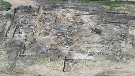 Aerial view of archaeological investigations for relocated I-70 in East St. Louis